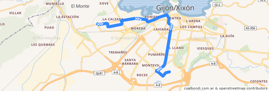 Mapa del recorrido Linea 12 Cerillero - Contrueces de la línea  en Gijón / Xixón.