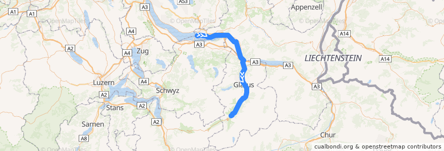 Mapa del recorrido S6: Rapperswil => Linthal de la línea  en Schweiz/Suisse/Svizzera/Svizra.