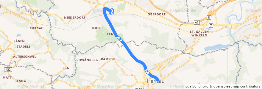 Mapa del recorrido Bus 152: Gossau SG - Herisau (Abendkurs) de la línea  en Санкт-Галлен.