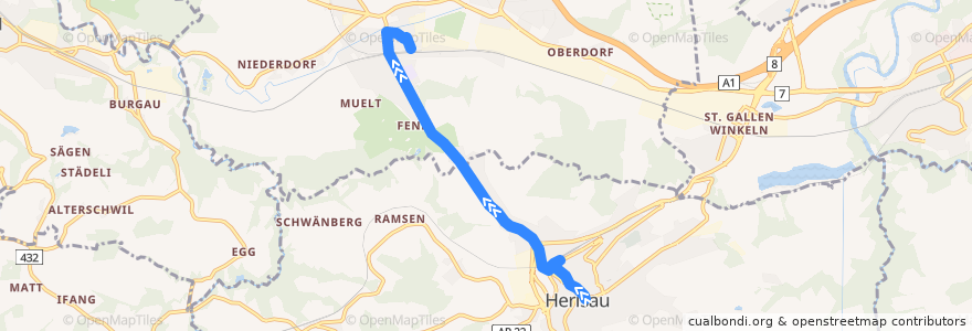 Mapa del recorrido Bus 152: Herisau - Gossau SG (Abendkurs) de la línea  en St. Gallen.