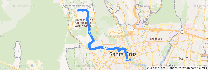 Mapa del recorrido SCMTD 10: Santa Cruz => UCSC de la línea  en Santa Cruz.