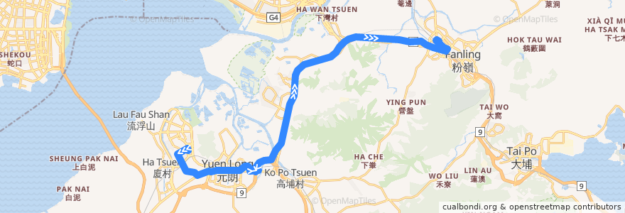 Mapa del recorrido 九巴276線 KMB 276 (天慈 Tin Tsz → 上水 Sheung Shui) de la línea  en Hong Kong.