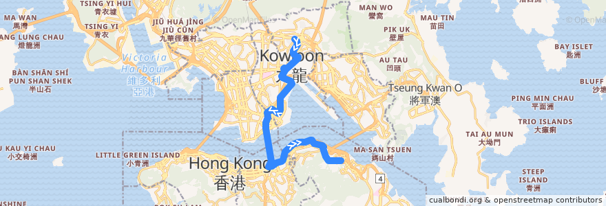 Mapa del recorrido Cross-harbour Bus 106A (Wong Tai Sin → Taikoo (Kornhill Plaza)) de la línea  en Hong Kong.