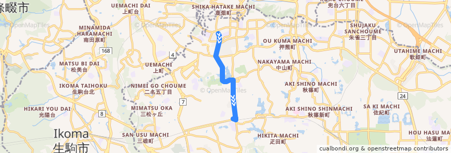 Mapa del recorrido 中登美ヶ丘四丁目 → 大渕橋 → 学園前駅（北） (Nakatomigaoka 4-chome to Gakuemmae Station via Obuchibashi) de la línea  en Nara.