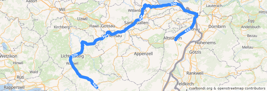 Mapa del recorrido S2: Nesslau-Neu St. Johann => Altstätten SG de la línea  en St. Gallen.