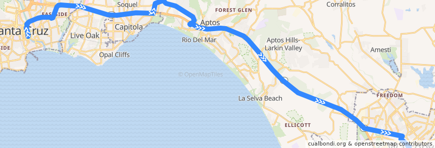 Mapa del recorrido SCMTD 91X: Santa Cruz => Watsonville de la línea  en Santa Cruz County.