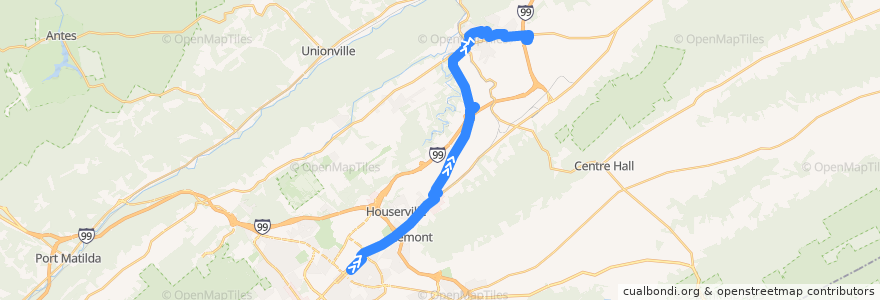 Mapa del recorrido Bus XB: Downtown -> Nittany Mall -> Bellefonte de la línea  en Centre County.