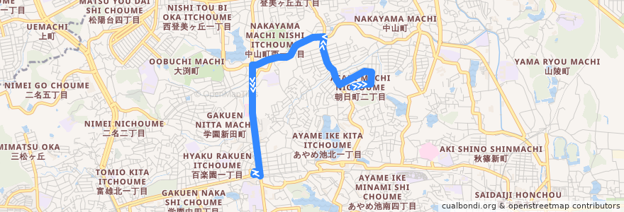 Mapa del recorrido 轉輪王教会前 → 学園前駅（北） (Tenrin-o Kyokaimae to Gakuemmae Station) de la línea  en 奈良市.