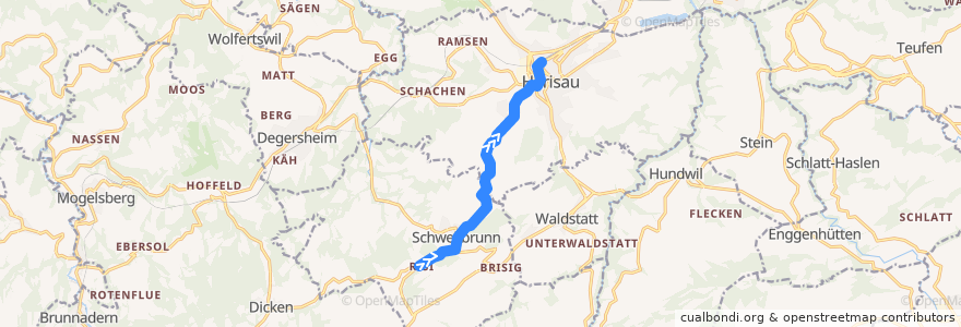 Mapa del recorrido Bus 171: Schwellbrunn, Risi => Herisau, Bahnhof (direkt) de la línea  en Hinterland.