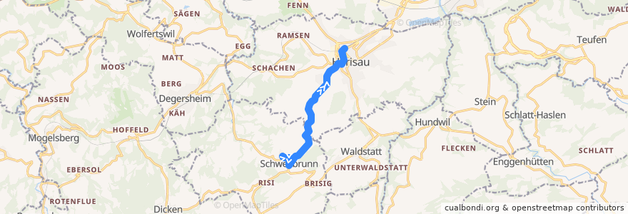 Mapa del recorrido Bus 171: Schwellbrunn, Sommertal => Herisau, Bahnhof de la línea  en Hinterland.