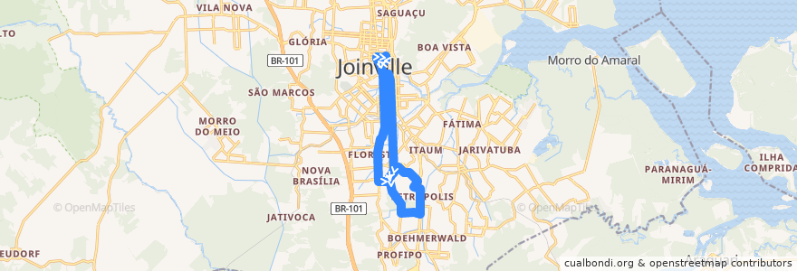 Mapa del recorrido Petrópolis de la línea  en Joinville.