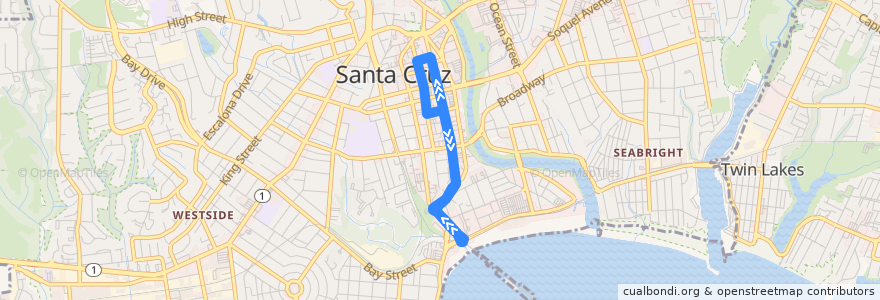 Mapa del recorrido Santa Cruz Trolley: Del Mar Theatre => Exploration Center => Del Mar Theatre de la línea  en Santa Cruz.