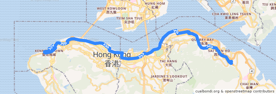 Mapa del recorrido Bus 18X (Kennedy Town (Belcher Bay) → Shau Kei Wan) de la línea  en Pulau Hong Kong.