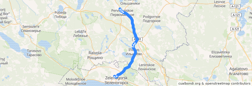 Mapa del recorrido Автобус № 410: Первомайское => Зеленогорск, вокзал de la línea  en Oblast Leningrad.