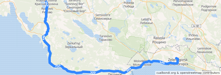 Mapa del recorrido Автобус № 420: Красная долина => Зеленогорск, вокзал de la línea  en Oblast Leningrad.