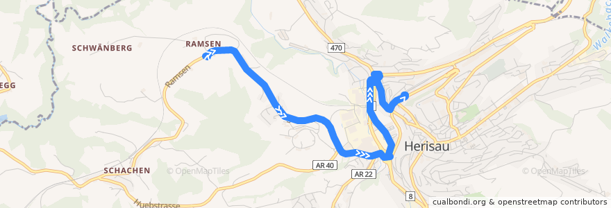 Mapa del recorrido Bus 175: Hersau, Ramsen => Bahnhof de la línea  en Herisau.