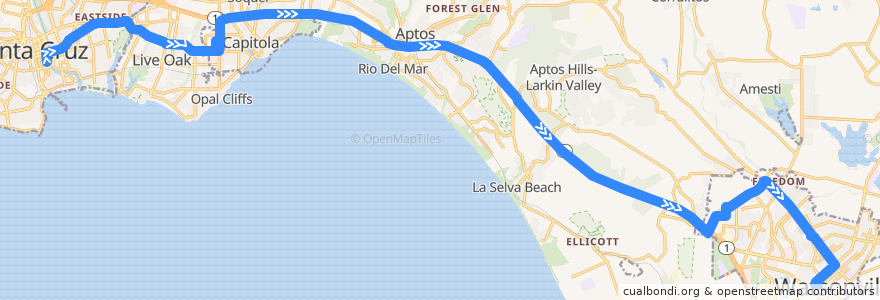 Mapa del recorrido SCMTD 69A: Santa Cruz => Watsonville de la línea  en Santa Cruz County.