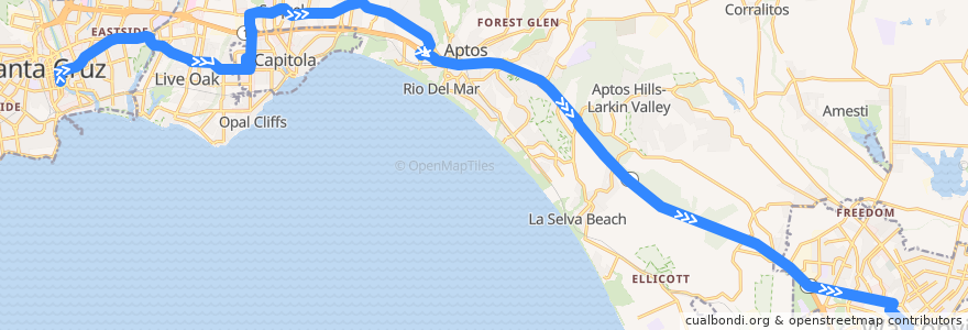 Mapa del recorrido SCMTD 69W: Santa Cruz => Watsonville de la línea  en Santa Cruz County.