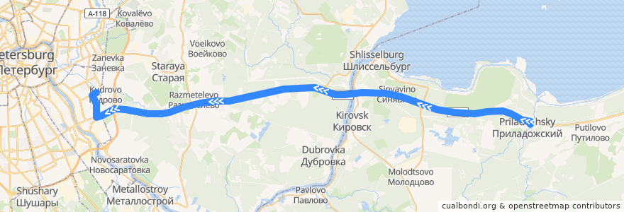 Mapa del recorrido Автобус № 579: Приладожский => Санкт-Петербург, улица Дыбенко de la línea  en Ленинградская область.