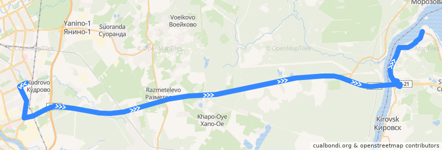 Mapa del recorrido Автобус № 575: Санкт-Петербург улица Дыбенко => Шлиссельбург de la línea  en Óblast de Leningrado.