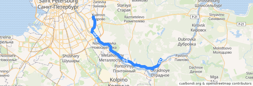 Mapa del recorrido Автобус № 692А: д. Оранжерейка => станция метро "Улица Дыбенко" de la línea  en Ленинградская область.