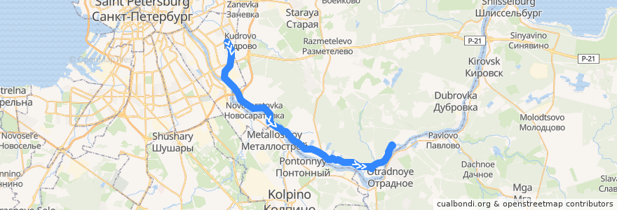 Mapa del recorrido Автобус № 692А: станция метро "Улица Дыбенко" => д. Оранжерейка de la línea  en Oblast Leningrad.