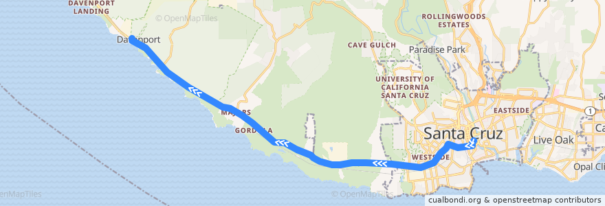 Mapa del recorrido SCMTD 40: Santa Cruz => Davenport de la línea  en 圣塔克鲁兹县.