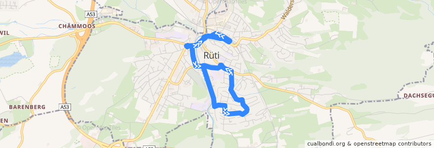 Mapa del recorrido Bus 884: Rundkurs Rüti ZH (via Bergacher) [Hauptweg] de la línea  en Rüti (ZH).