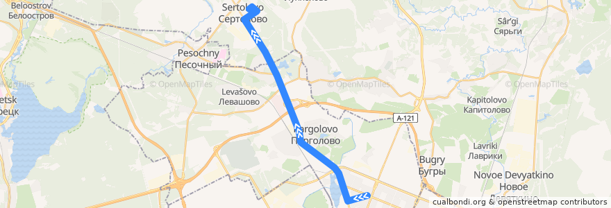 Mapa del recorrido Автобус № 555А: станция метро "Проспект Просвещения" > Сертолово, улица Ларина de la línea  en Oblast de Léningrad.