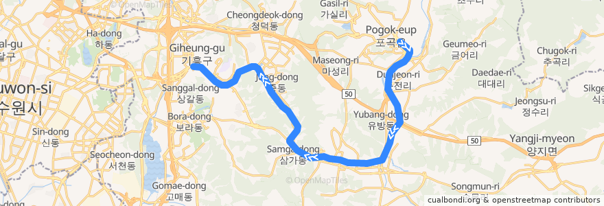 Mapa del recorrido 용인 경전철 de la línea  en 용인시.