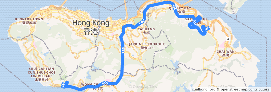 Mapa del recorrido Bus 77 (Shau Kei Wan → Tin Wan) de la línea  en Isla de Hong Kong.