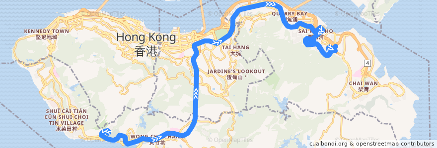 Mapa del recorrido Bus 77 (Tin Wan → Shau Kei Wan) de la línea  en Гонконг (остров).