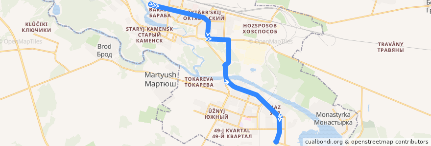 Mapa del recorrido Автобус 19: Городская больница №7 – Заводоуправление УАЗа de la línea  en городской округ Каменск-Уральский.