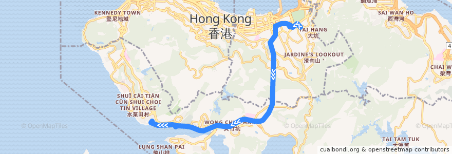 Mapa del recorrido Bus 72 (Causeway Bay (Moreton Terrace) - Wah Kwai Estate) de la línea  en 香港島 Hong Kong Island.