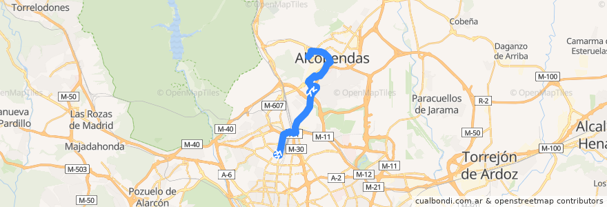 Mapa del recorrido Bus 157: Plaza Castilla → Alcobendas (Paseo de la Chopera) de la línea  en منطقة مدريد.