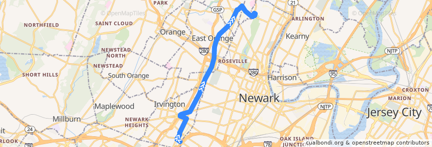 Mapa del recorrido NJTB - 90 de la línea  en Essex County.