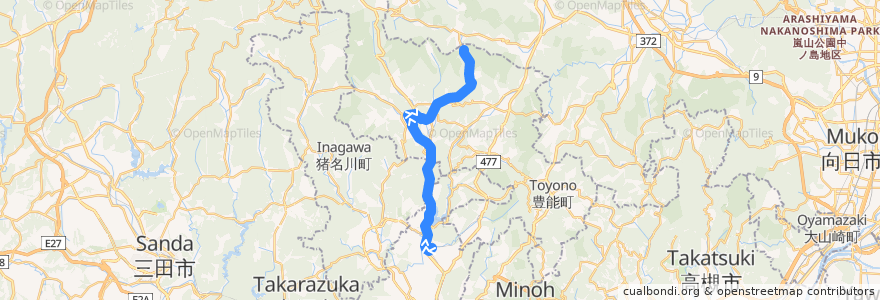 Mapa del recorrido 76: 山下駅前→豊中センター前 de la línea  en Japón.