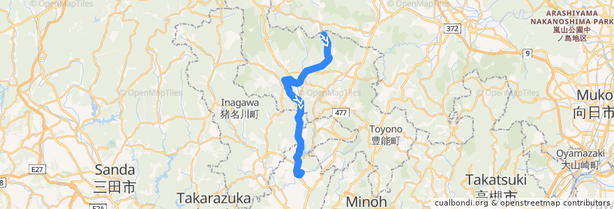 Mapa del recorrido 77: 豊中センター前→山下駅前 de la línea  en Japan.