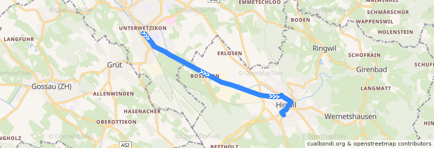 Mapa del recorrido Bus 869: Wetzikon ZH, Bahnhof => Hinwil, Bahnhof (Weg A) de la línea  en Bezirk Hinwil.