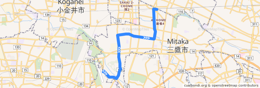 Mapa del recorrido Bus 鷹51 調布飛行場->三鷹駅 de la línea  en Mitaka.