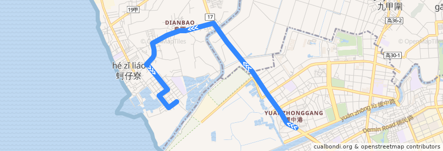 Mapa del recorrido 紅53(延駛蚵仔寮_往程) de la línea  en Kaohsiung.