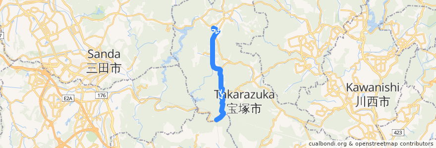 Mapa del recorrido 16: 阪急田園バス本社前→JR武田尾 de la línea  en Takarazuka.