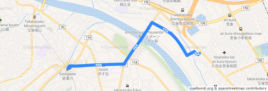 Mapa del recorrido 80: 総合福祉センター前→阪急逆瀬川 de la línea  en Takarazuka.