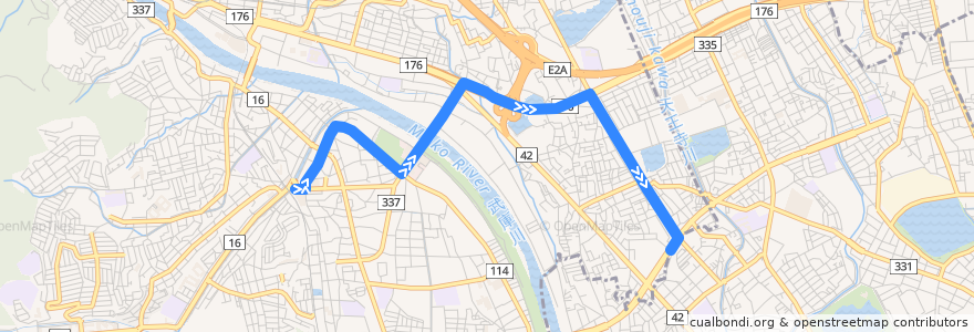 Mapa del recorrido 82: 阪急逆瀬川→中野住宅前 de la línea  en Hyogo Prefecture.