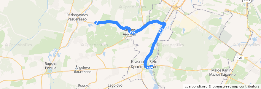 Mapa del recorrido Автобус № 458Б: ж/д станция Красное село => Иннолово de la línea  en Ленинградская область.