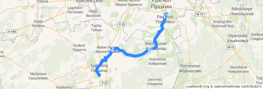 Mapa del recorrido Автобус № 529: Павловск, вокзал => Гатчина, Варшавский вокзал de la línea  en Гатчинский округ.