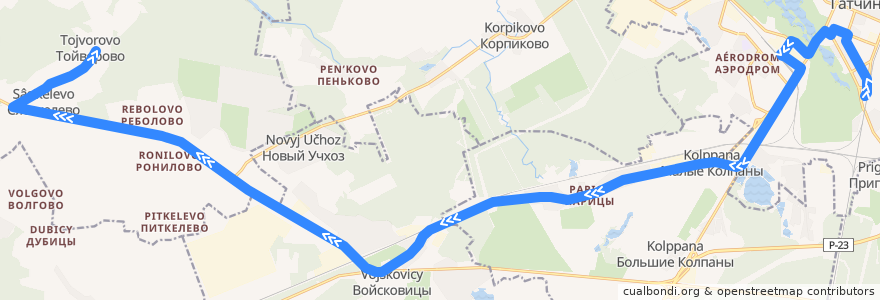 Mapa del recorrido Автобус № 522: Гатчина, Варшавский вокзал => Тойворово de la línea  en Гатчинский округ.