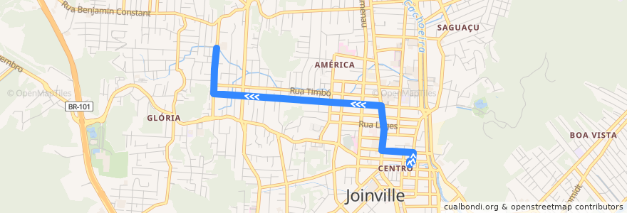 Mapa del recorrido Centro/Anhanguera de la línea  en Joinville.