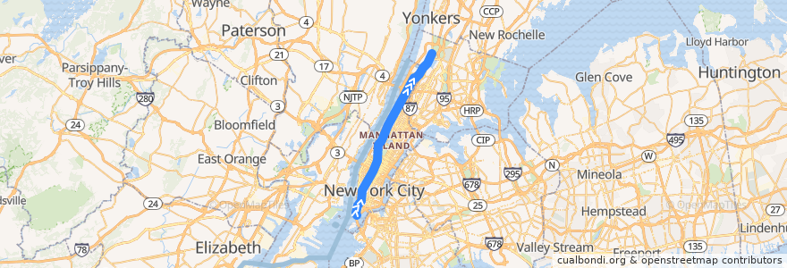 Mapa del recorrido NYCS - 1 Train: South Ferry → Van Cortlandt Park–242nd Street de la línea  en Manhattan.