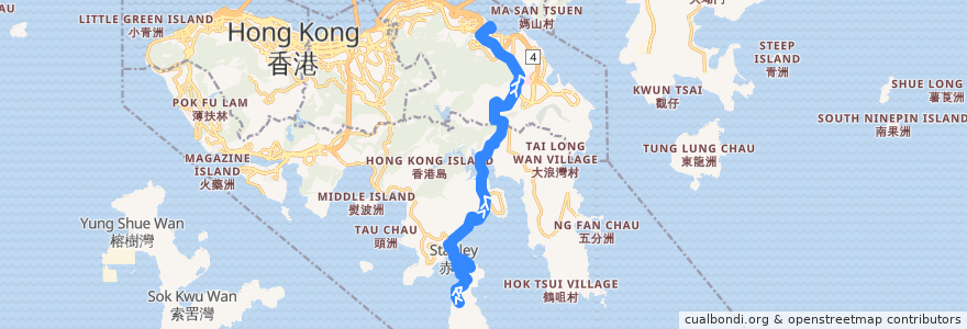 Mapa del recorrido 新巴14線 NWFB 14 (赤柱炮台 Stanley Fort → 嘉亨灣 Grand Promenade (經監獄 via Prison)) de la línea  en 香港島 Hong Kong Island.